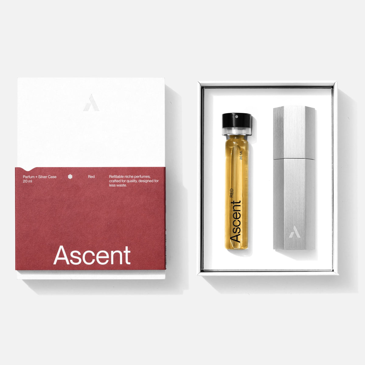 Ascent Starter Pack Étui rechargeable en aluminium + extrait de parfum 20 ml — Ascent — Red — packshot, coffret ouvert, étui argent 2 | Appart 17 Bruxelles