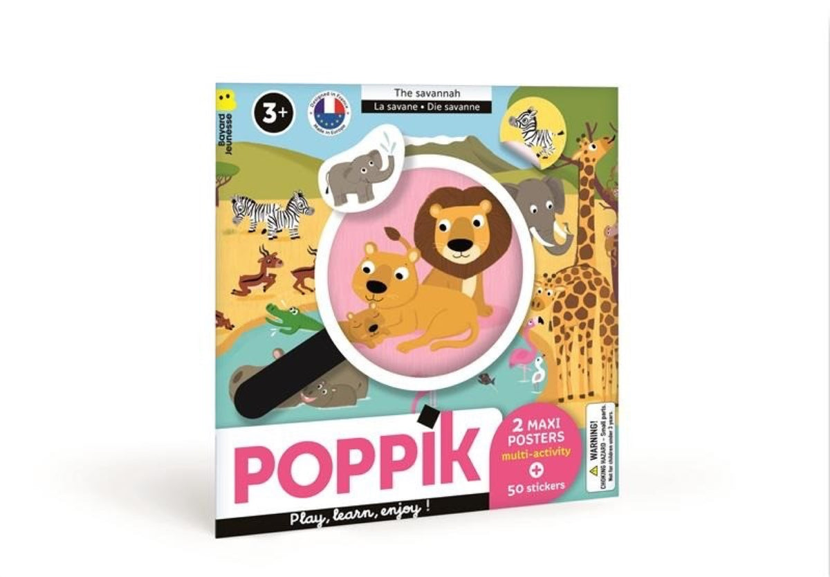 Posters à jouer avec stickers, pochette de voyage — Poppik — La savane — packshot | Appart 17 Bruxelles