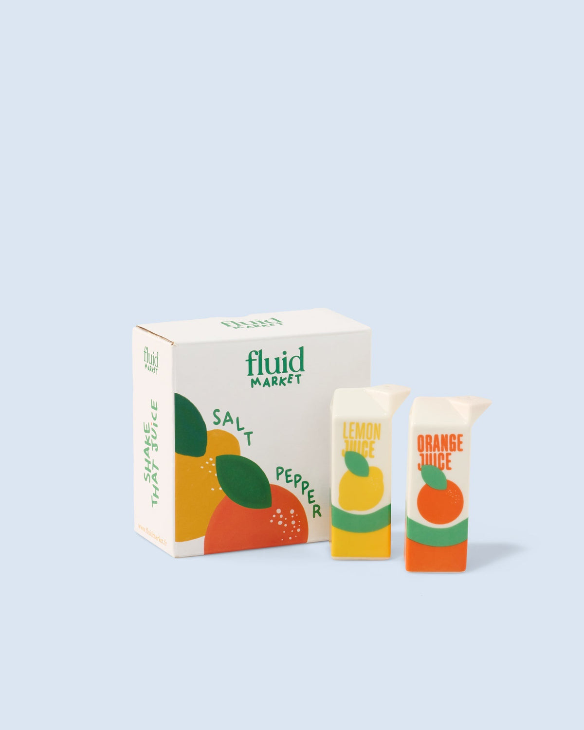 Fluid Market Sel & Poivre Juice mini briques de jus en céramique — Fluid Market — Orange & vert — packshot, coffret 3 | Appart 17 Bruxelles