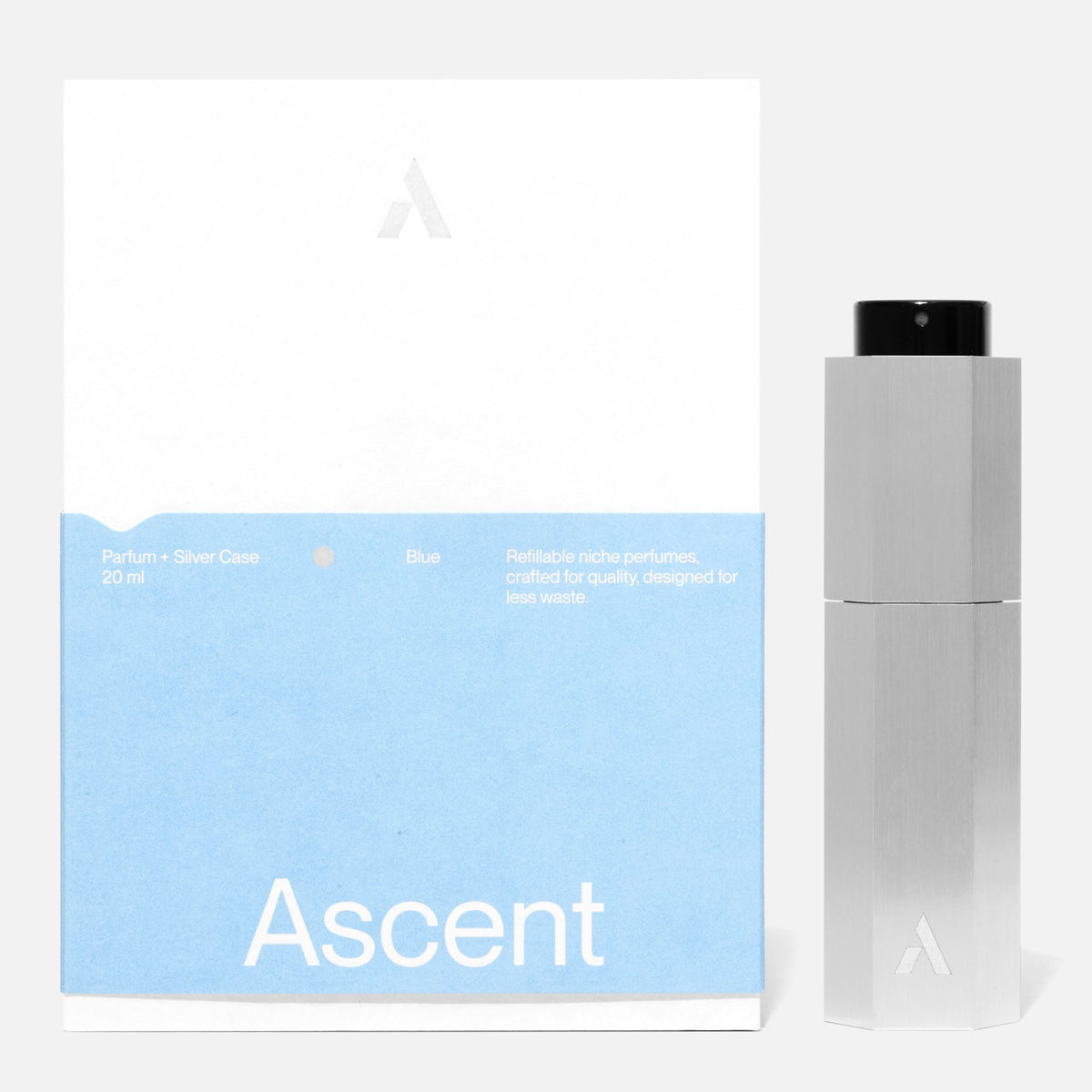 Ascent Starter Pack Étui rechargeable en aluminium + extrait de parfum 20 ml — Ascent — Blue — packshot, coffret et étui argent 5 | Appart 17 Bruxelles