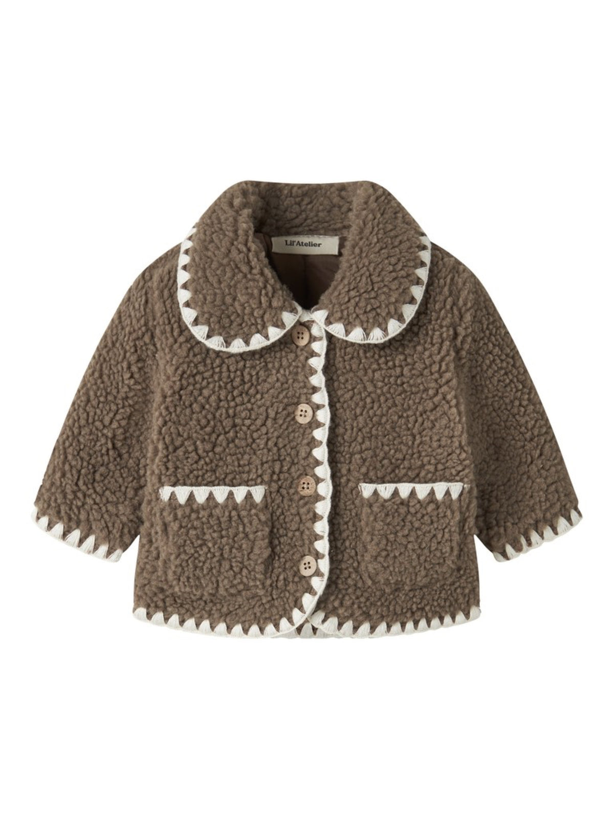 NBFLAJO Veste teddy à bordure brodée bébé fille — Lil' Atelier — Shitake — vue de face | Appart 17 Bruxelles