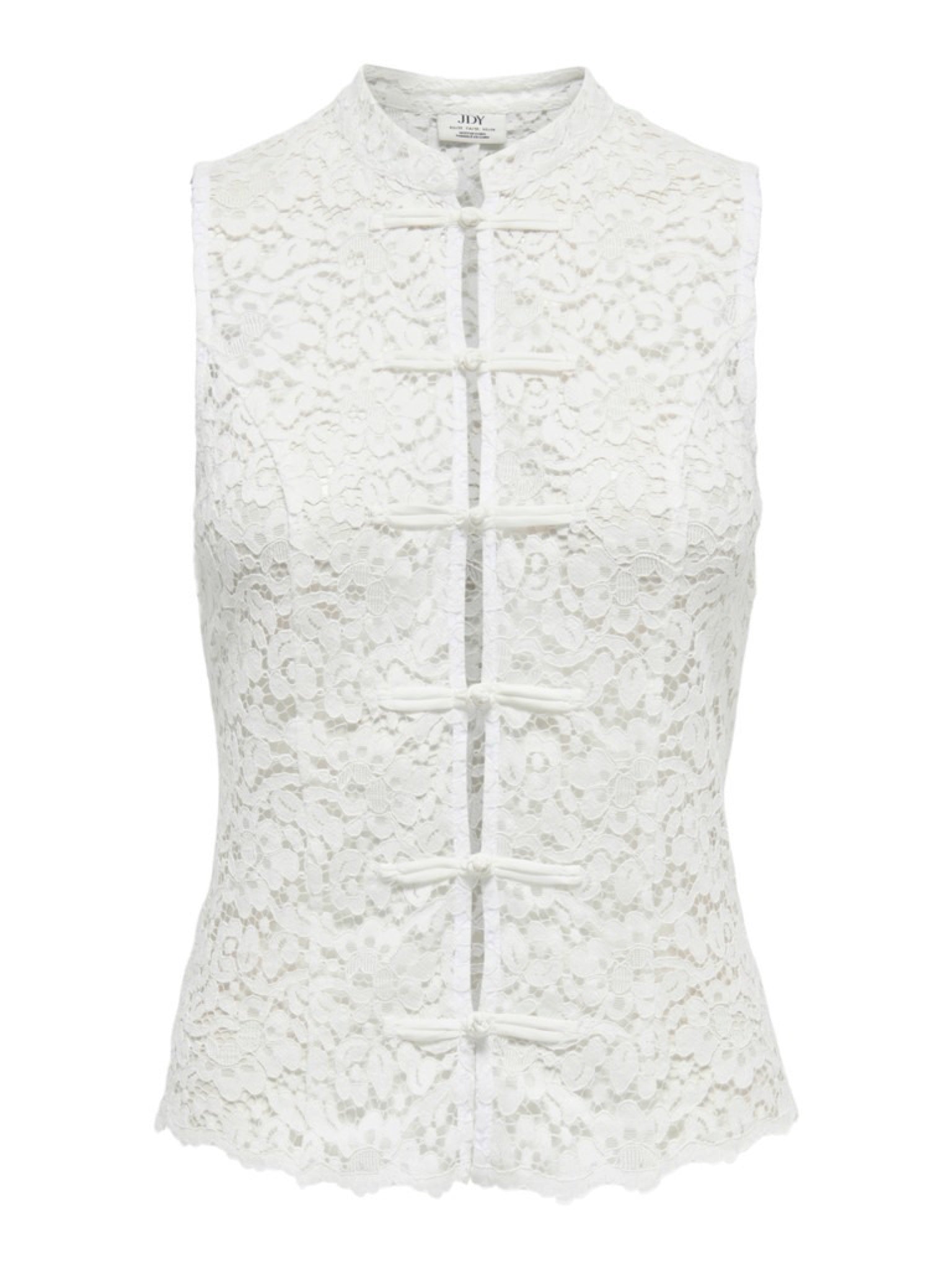 JDYISOLDE Top sans manches en dentelle à col mao et brandebourgs — JDY — Cloud Dancer — packshot, de face | Appart 17 Bruxelles