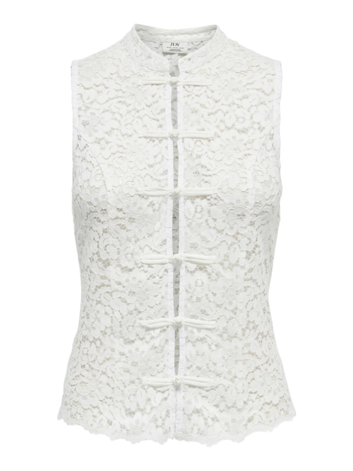 JDYISOLDE Top sans manches en dentelle à col mao et brandebourgs — JDY — Cloud Dancer — packshot, de face | Appart 17 Bruxelles