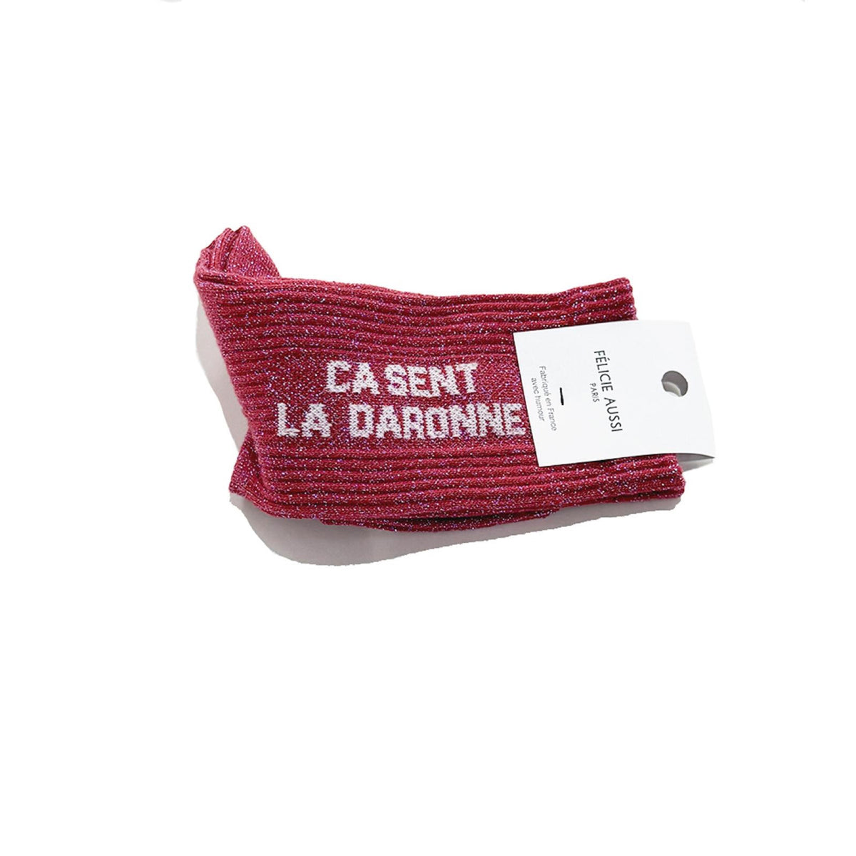 Félicie Aussi Chaussettes « Ça sent la daronne » pailletées — Felicie Aussi — Framboise pailleté — photo produit | Appart 17 Bruxelles