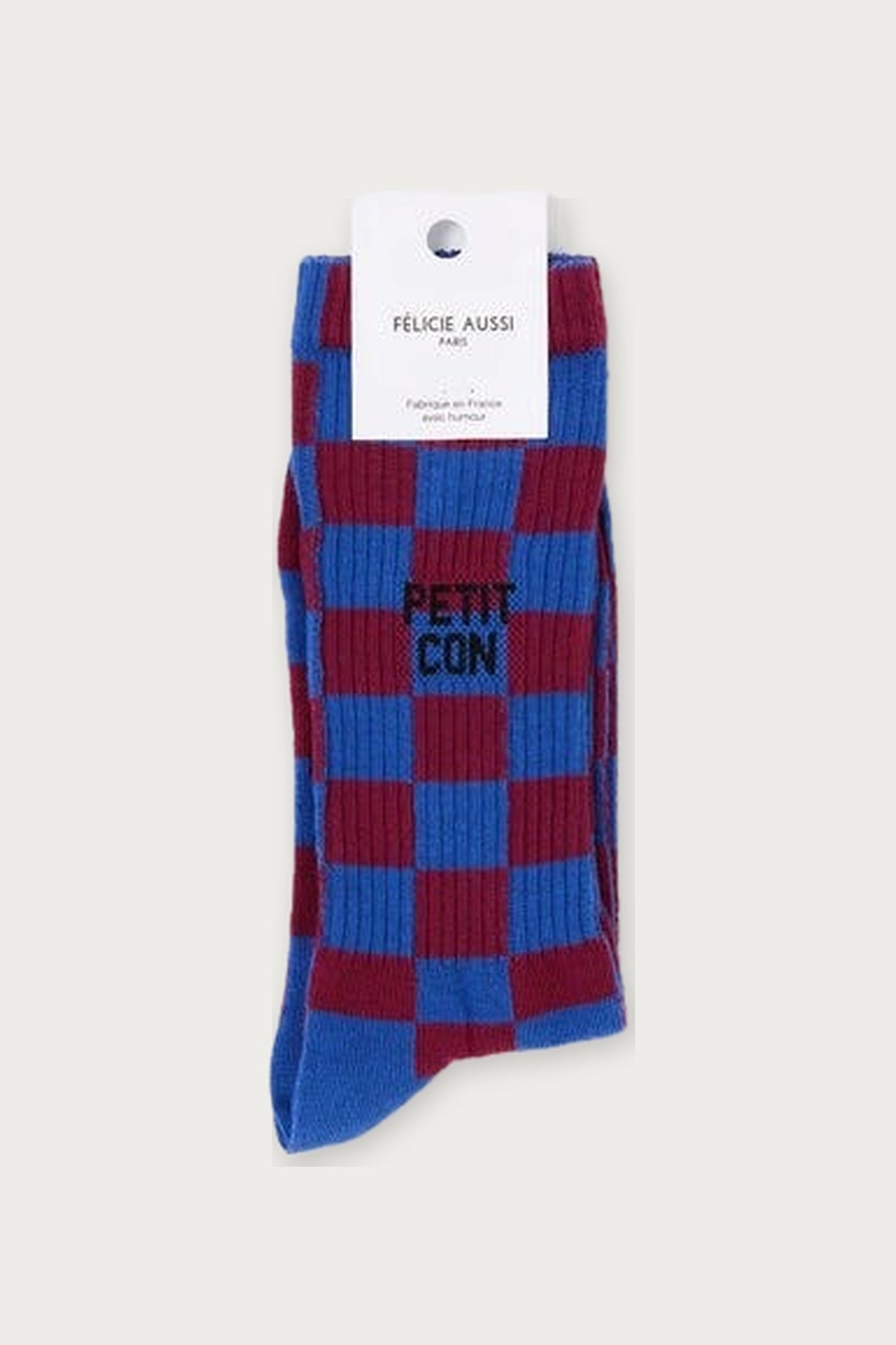 Chaussettes « Petit con » — Damier bordeaux et bleu 40/45 — Félicie Aussi | Appart 17 Bruxelles