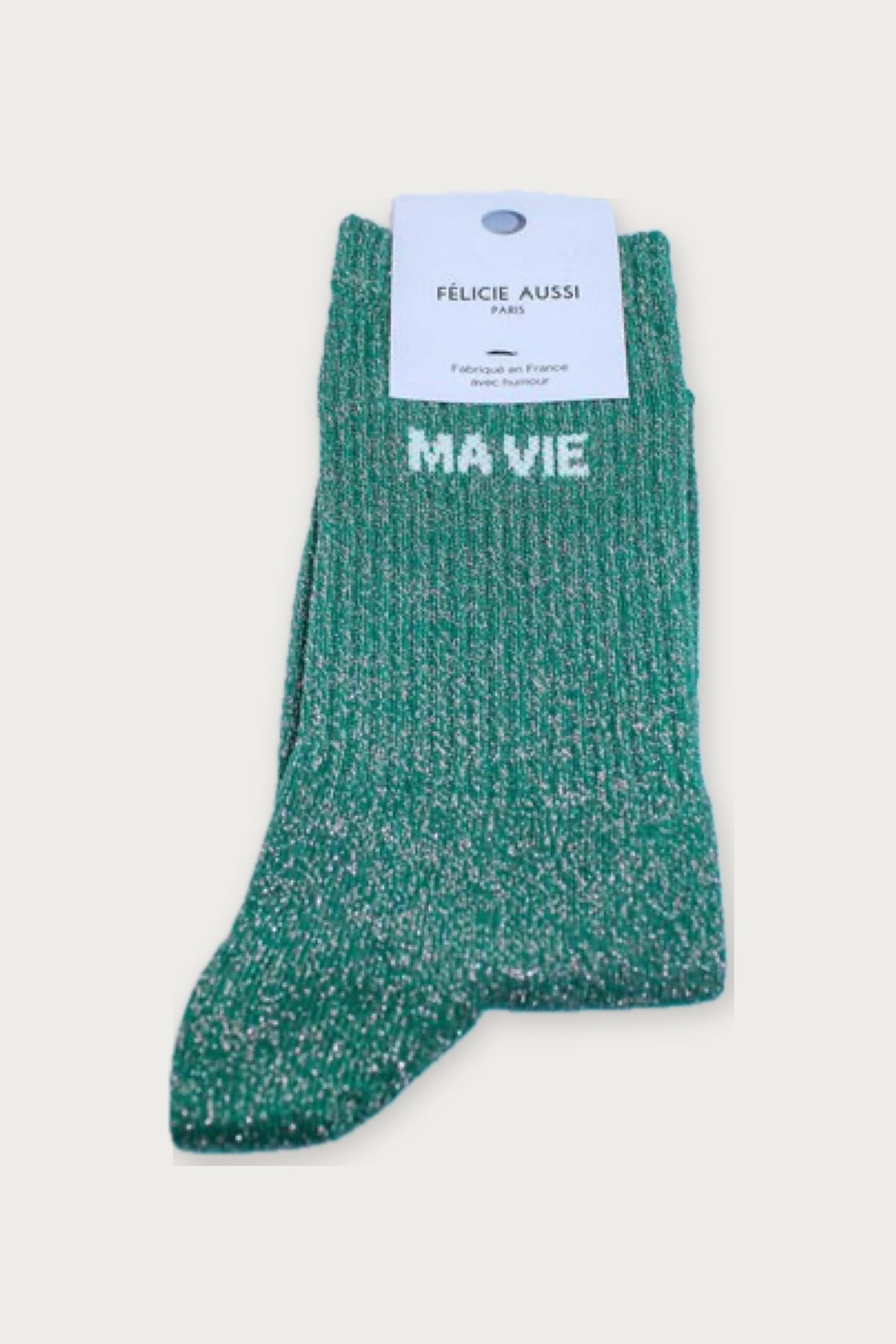 Chaussettes « Ma vie » pailletées — Aventurine pailleté 36/40 — Félicie Aussi | Appart 17 Bruxelles