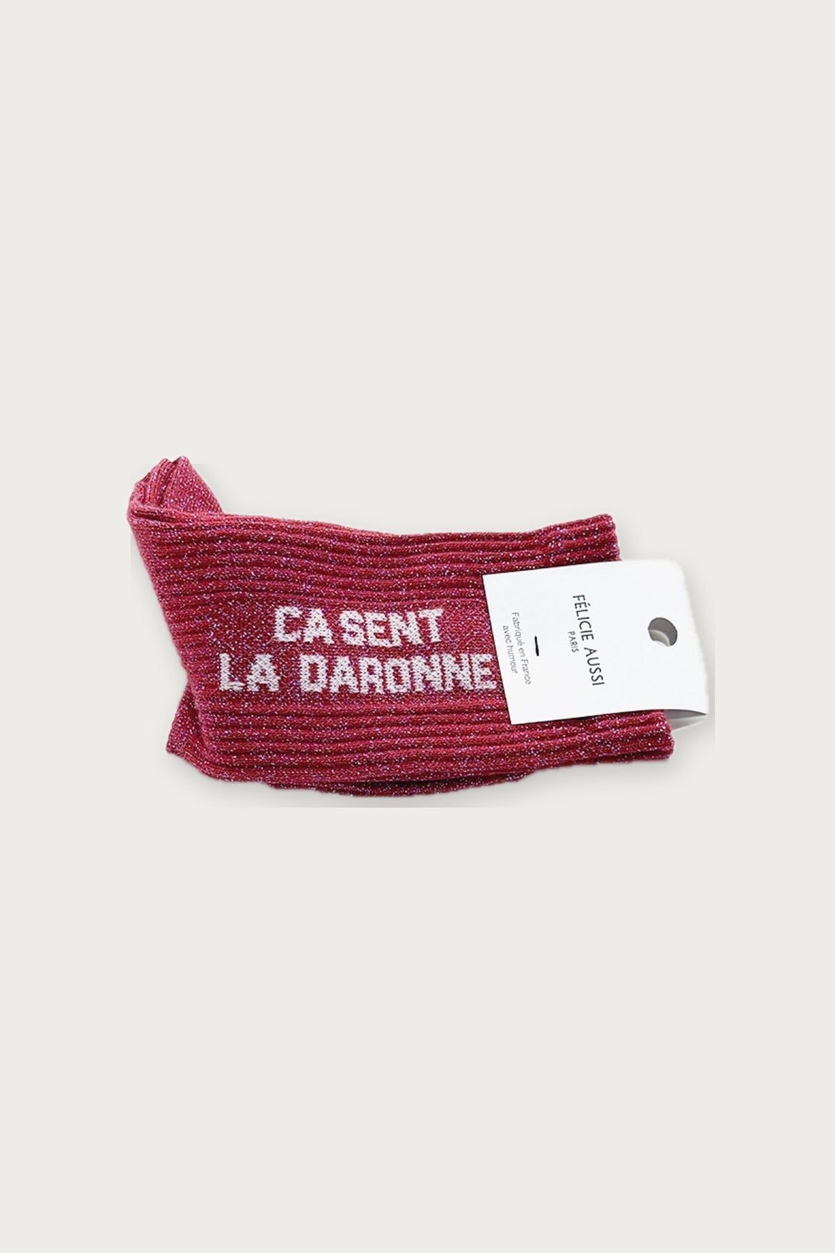 Chaussettes « Ça sent la daronne » pailletées — Framboise pailleté 36/40 — Félicie Aussi | Appart 17 Bruxelles