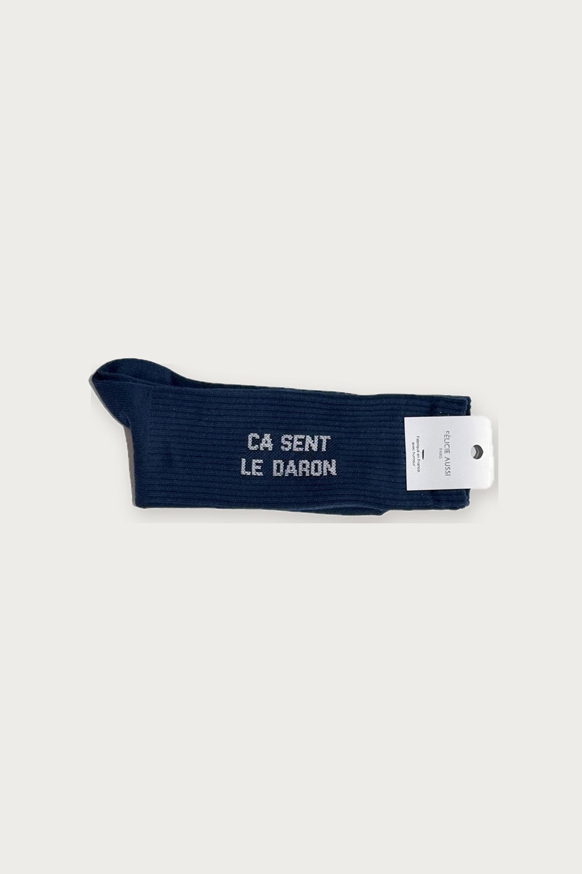 Chaussettes « Ça sent le daron » — Bleu de Prusse 40/45 — Félicie Aussi | Appart 17 Bruxelles